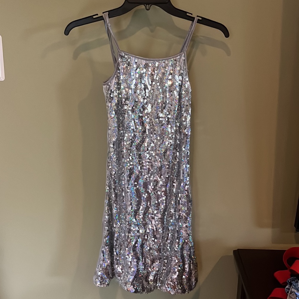 Costumes USA Silver Sparkly Sequined Adjustable Lined Dress. Size M/L.